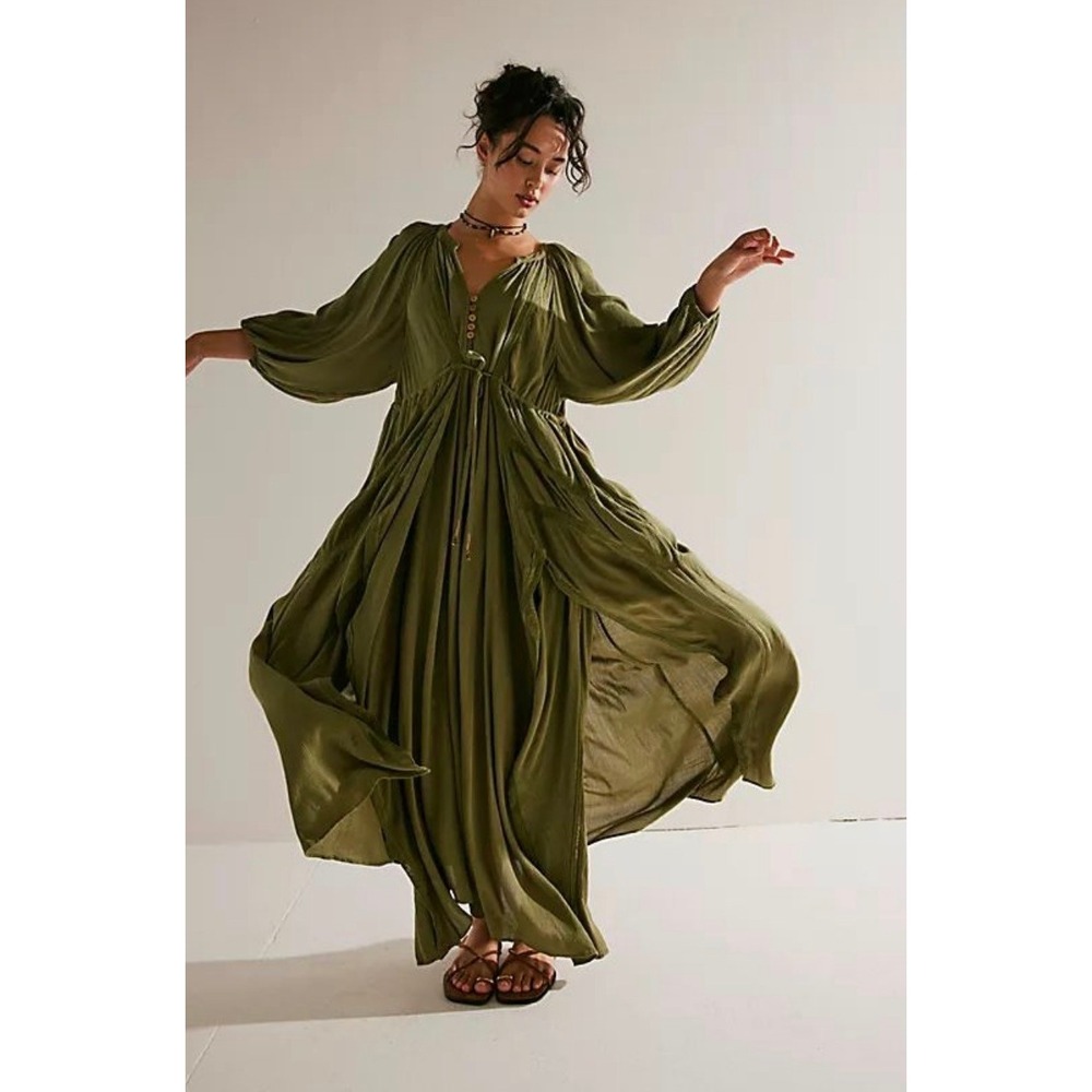 Free People Plenty of Love Maxi Dress Green Gauze Boho Balloon Sleeve Small